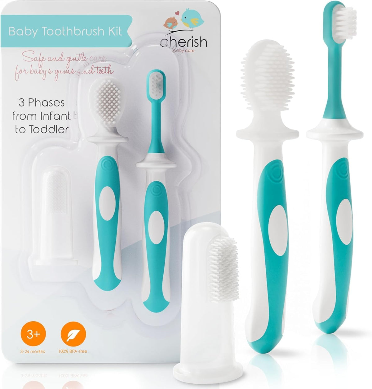 Cherish Baby Care Baby Toothbrush & Toddler Toothbrush Set (0-2 Years) - BPA-Free & Safety-Tested, 2023 Award Winner, Food-Grade Silicone