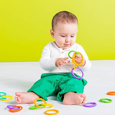 Bright Starts Lots of Links Rings Toys for Stroller or Carrier Seat, BPA-Free, Ages 0 Months Plus, Multicolor, 24 Count