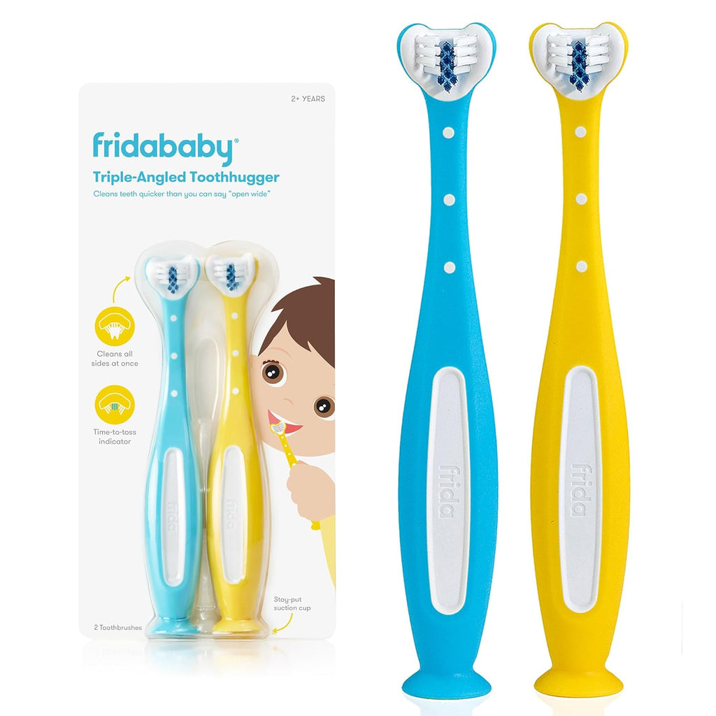 Frida Baby Triple-Angle Toothhugger Training Toddler Toothbrush | Toddler Toothbrush 2 Years and Up, Cleans All Sides at Once | 2 Pack